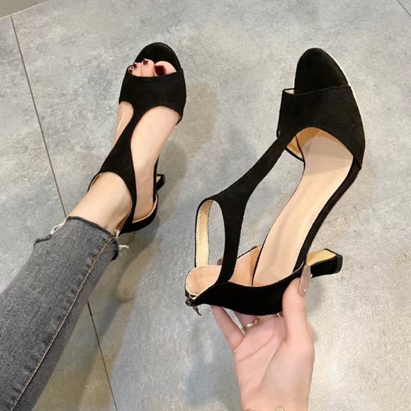 Women's Black Block Heeled Sandals, Fashion Cutout Design Back Zipper Sandals - Picture 4 of 14
